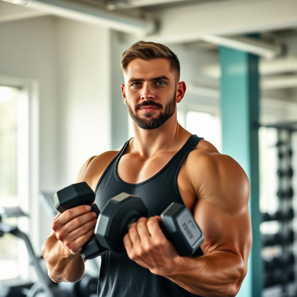 Pessoa realizando exercício de musculação com halteres em ambiente controlado.