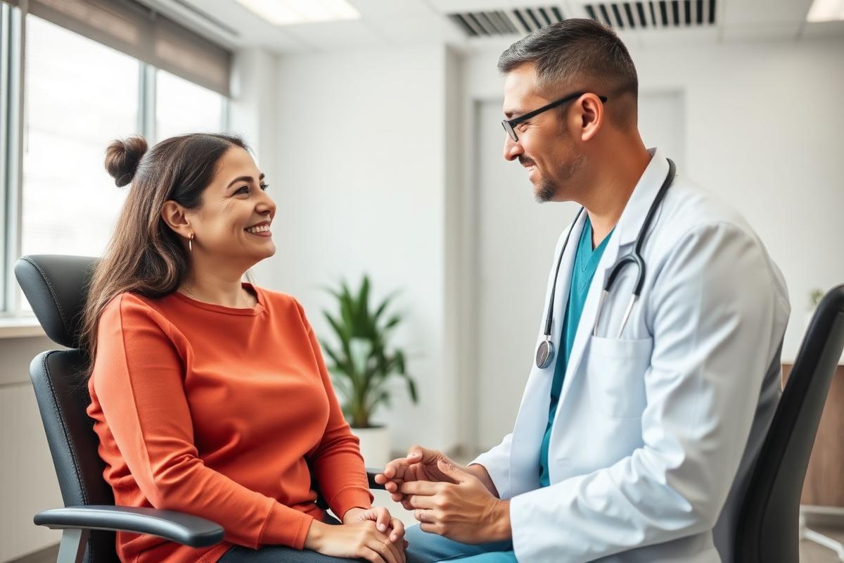 Consulta médica em clínica moderna e iluminada.