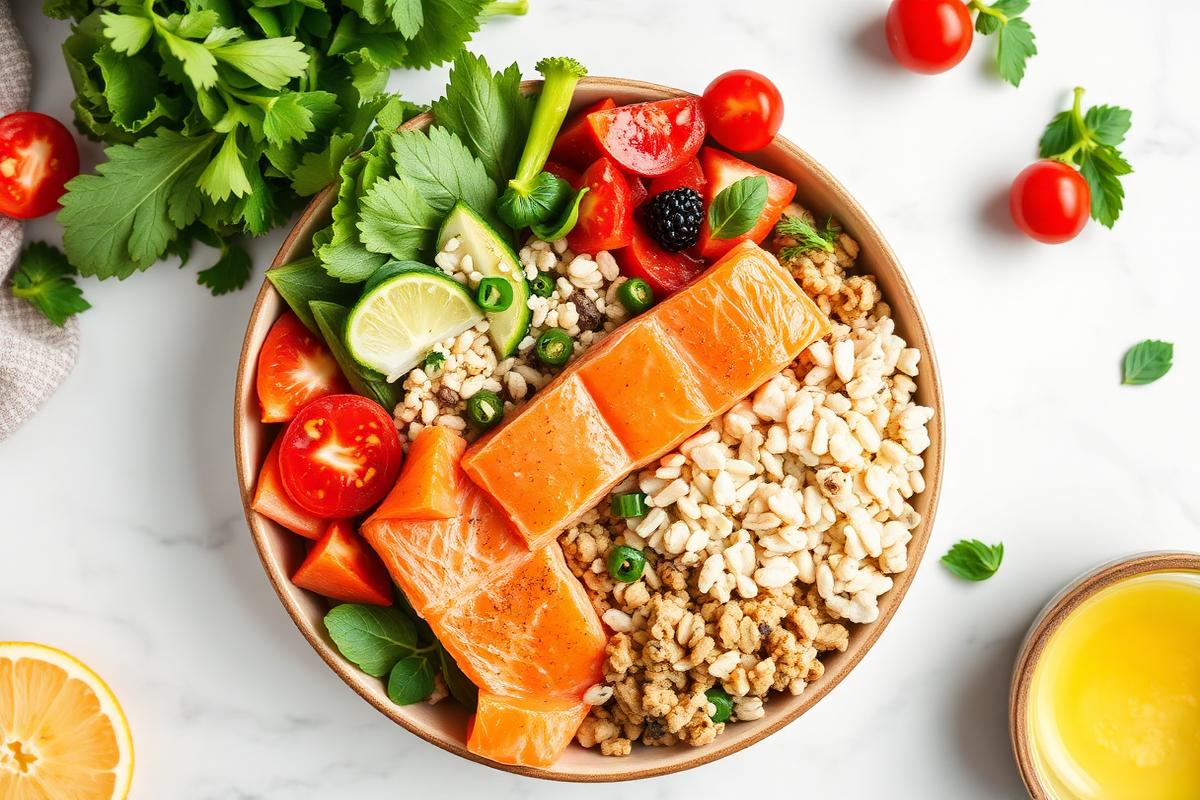 Bowl mediterrâneo com salmão, grãos integrais e vegetais coloridos.